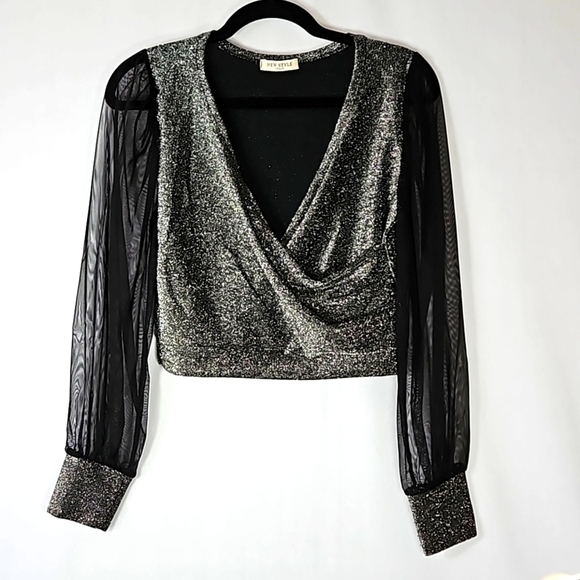 Metallic Cropped Top Sheer Mesh Long  Sleeve. - Picture 1 of 7